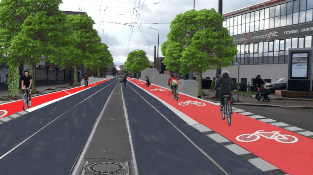 Visualization of a cycle path on Zschochersche Straße looking south / Image processing: Ökolöwe - Umweltbund Leipzig e.V.